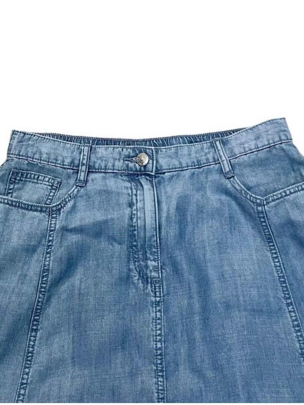 Light Blue Denim Maxi Skirt A Line with Flared Panels Lightweight Chambray Fall - Picture 6 of 11